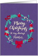 Christmas Wreath, Merry Christmas, Dearest Mother, Purple Distressed Background. card