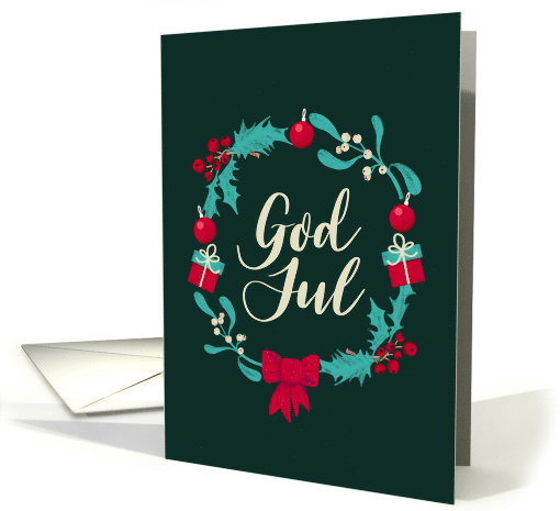 God Jul, Christmas, Swedish, Wreath, Holly, Presents, Mistletoe card