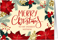 Merry Christmas, Holly, Berries Poinsettia, Faux Gold, Nephew card