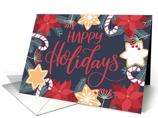 Happy Holidays, Poinsettia, Candy Cane, Pine Leaves, Berries card