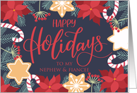 Nephew and Fiancee, Happy Holidays, Poinsettia, Candy Cane, Berries card