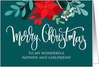 Nephew and Girlfriend, Merry Christmas, Poinsettia, Rose Hip, Berries card