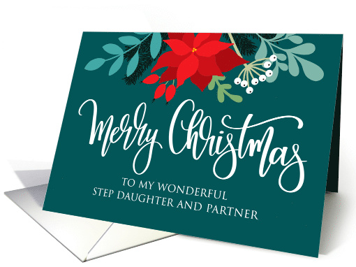 Step Daughter and Partner, Merry Christmas, Poinsettia, Rose Hip card
