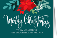 Step Daughter and Partner, Merry Christmas, Poinsettia, Rose Hip card