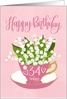 34 Today, Happy Birthday, Teacup, Lily of the Valley, Hand Lettering card