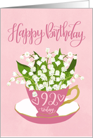 92 Today, Happy Birthday, Teacup, Lily of the Valley, Hand Lettering card