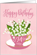 94 Today, Happy Birthday, Teacup, Lily of the Valley, Hand Lettering card