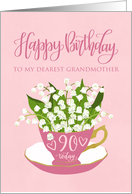 90, Grandmother, Happy Birthday, Teacup, Lily of the Valley, Lettering card