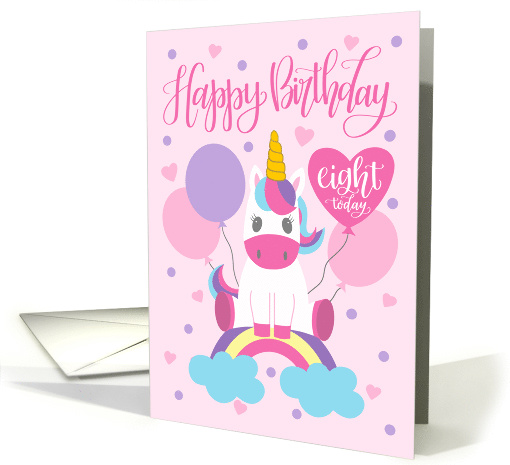 8th Birthday Unicorn Sitting On Rainbow Surrounded By Balloons card