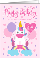 6th Birthday Great Niece Unicorn Sitting On Rainbow With Balloons card