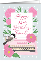 Friend Happy 14th Birthday with Typewriter, Chickadee Bird & Flowers card