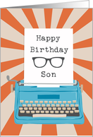 Happy Birthday Son with Typewriter Glasses Silhouette & Sunburst card