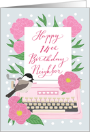 Neighbor Happy 14th Birthday with Typewriter, Chickadee Bird & Flowers card