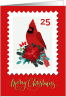 Merry Christmas with Cardinal Poinsettia and Rose Hip Postage Stamp card