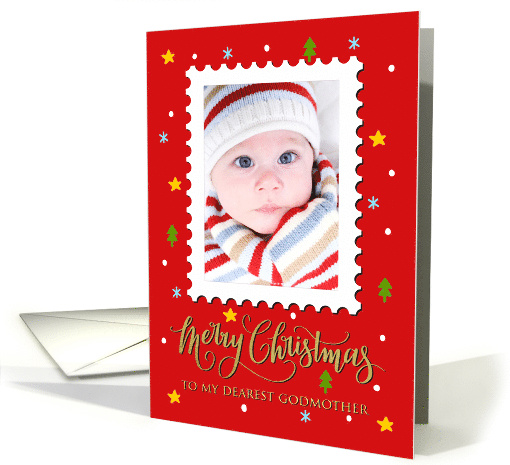 My Godmother Custom Photo Postage Stamp Faux Gold Merry Christmas card
