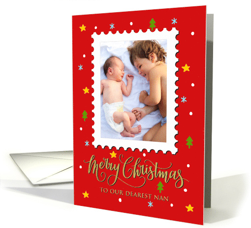 OUR Nan Custom Photo Postage Stamp with Faux Gold Merry Christmas card