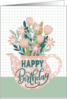 Happy Birthday with Pink Polka Dot Teapot of Flowers and Leaves card
