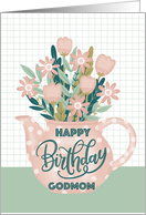 Happy Birthday Godmom with Pink Polka Dot Teapot of Flowers Leave card