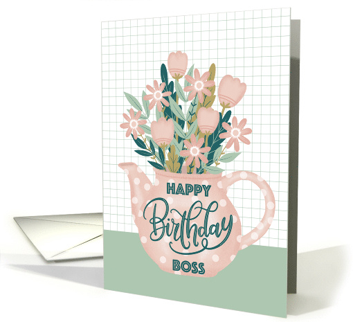 Happy Birthday Boss with Pink Polka Dot Teapot of Flowers card