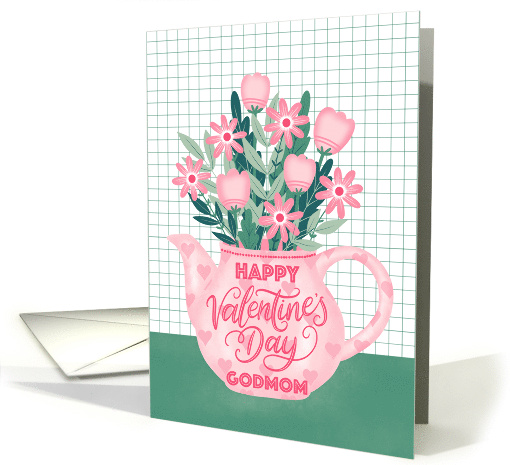 Happy Valentines Day Godmom with Pink Hearts Teapot of Flowers card