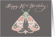 Happy 16th Birthday Beautiful Moth with Flowers on Wings Whimsical card