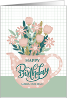 Customize Occupation Maid Birthday Pink Polka Dot Teapot of Flowers card