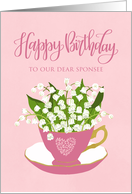 Birthday to OUR Sponsee with Tea Cup of Flowers Hand Lettering card