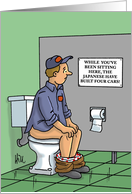 Business Card Showing Employee on Toilet Reading a Sign card