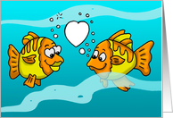 Two Cartoon Fish In Love With a Heart Bubble Between Them card
