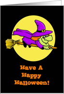 Funny Halloween Card with a Witch on a Broom in Front of the Moon card