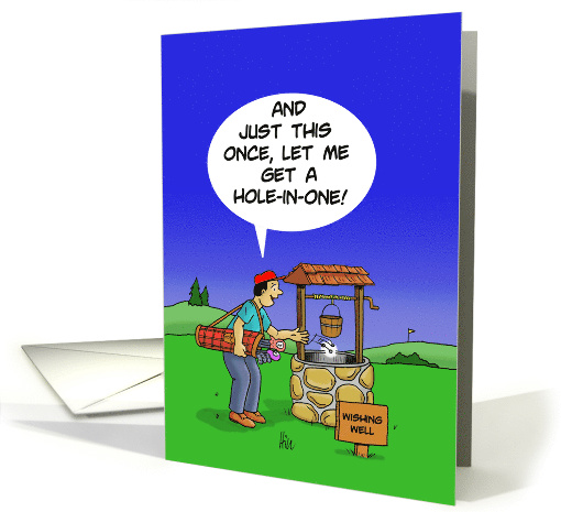 Golfing Birthday Card with Cartoon of Man at Wishing Well. card