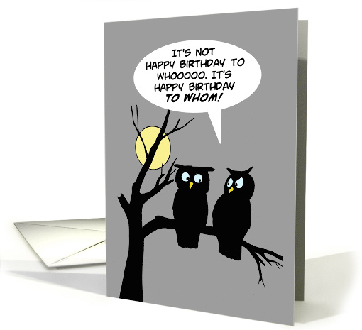 Humorous Birthday Card with Two Owls on a Tree Branch At Night card