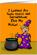 Halloween Card with a Boy Wizard Stirring a Cauldron card