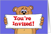 Party Invitation with a Cartoon Bear and a Banner on the Front card