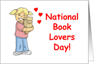 National Book Lovers Day with a Cartoon Girl Hugging a Book card