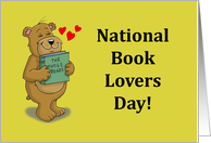 National Book Lovers Day with a Cartoon Bear Hugging a Book card