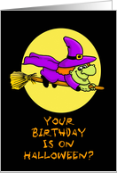 Birthday On Halloween Card With a Witch Flying on a Broom card