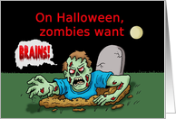 Halloween Card With Zombie Coming Out Of Grave Saying Brains! card