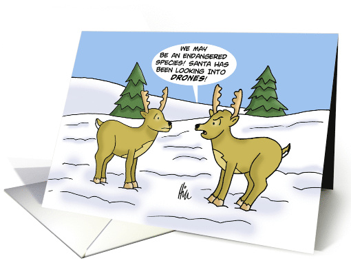 Humorous Christmas Card With Two Reindeer Talking About Drones card
