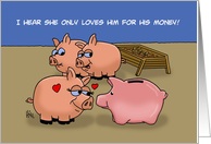 Blank Note Card With A Cartoon Of Pigs And A Piggy Bank card