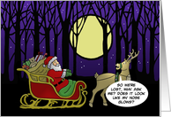 Christmas Card With Lost Santa In A Dark Woods With Reindeer card