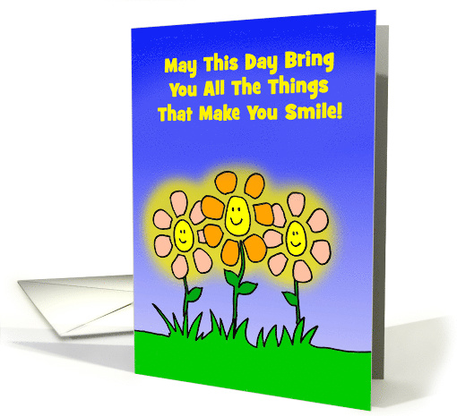 Thinking Of You Card With Smiling And Glowing Cartoon Flowers card