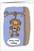Cute New Year’s Card With Cartoon Monkey Hanging By Its Tail card