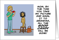 Blank Note Card With Cartoon About Mom Taking Picture card