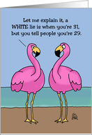 Birthday Card With Two Cartoon Flamingos White Lie Bold Lie card