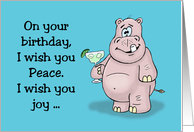 Humorous Birthday Card With Cartoon Hippo Holding A Glass Of Booze card