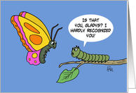 Humorous Blank Note Card WIth Cartoon Caterpillar And Butterfly card