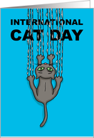 International Cat Day Card With Cat Tearing The Front Of The Card