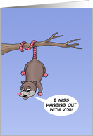 Cute Missing You Card With Possum Hanging Upside Down From Branch card