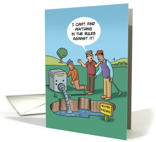 Humorous Golf Birthday With Golfer Draining Water Out Of A Hazard card